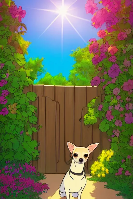 Image similar to A chihuahua looks through her garden gate, cel shaded cartoon in the style of studio Ghibli, sunny morning, cinematic lighting, summer