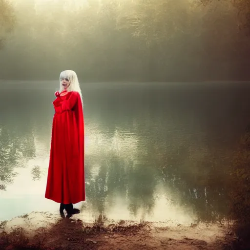 Prompt: beautiful lady with white long hair and dressed with a red victorian cloak, standing in a lake, mist, morning light, photorealistic