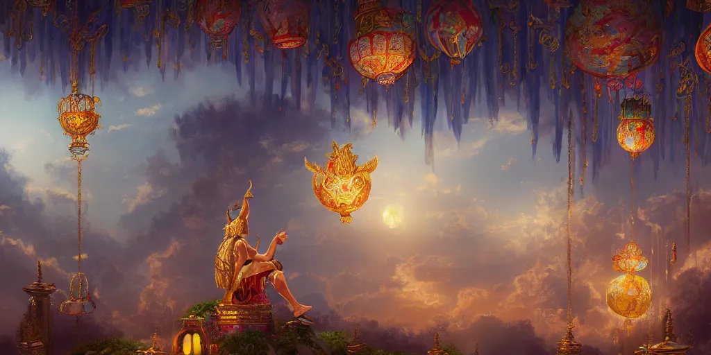 Image similar to painting of a god of wind enjoying his ornate heavenly palace, decorated with windchimes and paper lanterns, stunning nature in background, cinematic, 8 k, hyper detailed, digital art trending on artstation