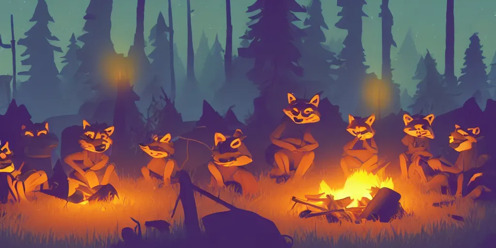 Prompt: a group of racoons sitting around a campfire in the middle of the forest, surrounded by fireflies. Firewatch style