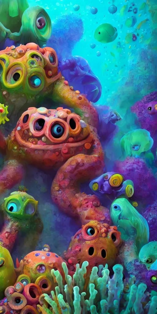 Image similar to of a colorful under water cave with strange cute friendly happy creatures with huge eyes, mouth, long tongue and round teeth appearing from sandy coral, in the style of gehry and gaudi, macro lens, shallow depth of field, ultra detailed, digital painting, trending artstation, concept art, illustration, cinematic lighting, photorealism, epic, octane render