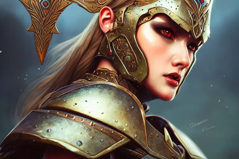 Image similar to Girl Warriorr fantasy, plated armor intricate, elegant, highly detailed, digital painting, artstation, concept art, smooth, sharp focus, illustration, art by Ilja Repin, octane render, RPG_portrait