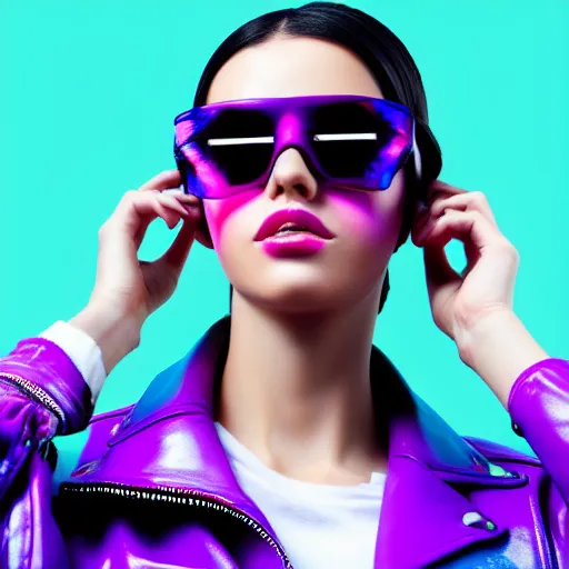 Prompt: closeup painting of a very beautiful young mexican cyberpunk woman with light blue shutter shades, purple leather jacket, synthwave