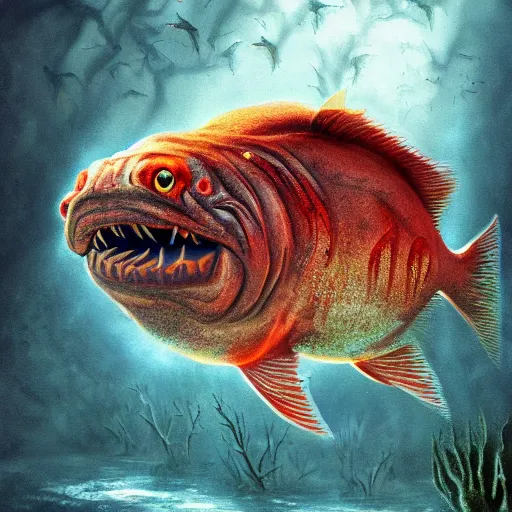 Image similar to a piranha watching a coral, horror photo, spooky, horror art, fantasy art, super detailed, light reflections, trending on artstation, hdr