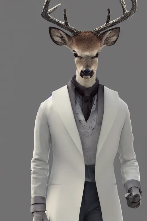 Image similar to Louis the deer wearing a white formal coat conversing with a crow, hyperrealistic, concept art, octane render, trending on DeviantArt, cel shaded, highly detailed, high quality, 8K, soft lighting, cute, natural lighting, anime face, trending on Artstation, trending on e621, elegant clothes, profile picture, path traced, house background