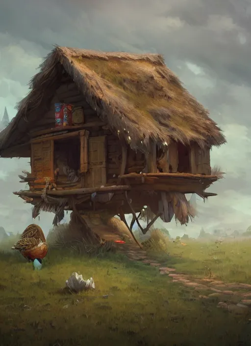 Image similar to hut with big chicken legs, greg rutkowski, zabrocki, karlkka, jayison devadas, trending on artstation, 8 k, ultra wide angle, zenith view, pincushion lens effect