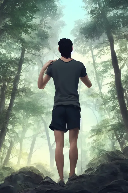 Image similar to young man with wavy black shoulder length hair, muscular back, plain cotton shorts, back view, trees, detailed forest background, webtoon, breathtaking scenery, colourful, 8 k, graphic novel, digital art trending on artstation, volumetric lighting, octane render, cinematic, hyper detailed, magical atmosphere