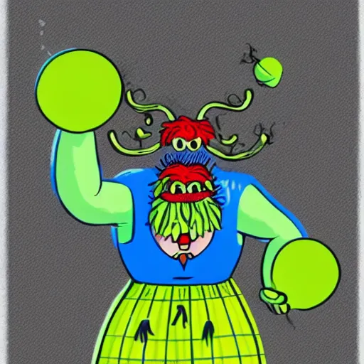 Image similar to a tennis ball monster wearing a scottish kilt, big mustache, scotland blue, digital art, fantasy, magic, chalk, trending on artstation, ultra detailed, professional illustration by basil gogos