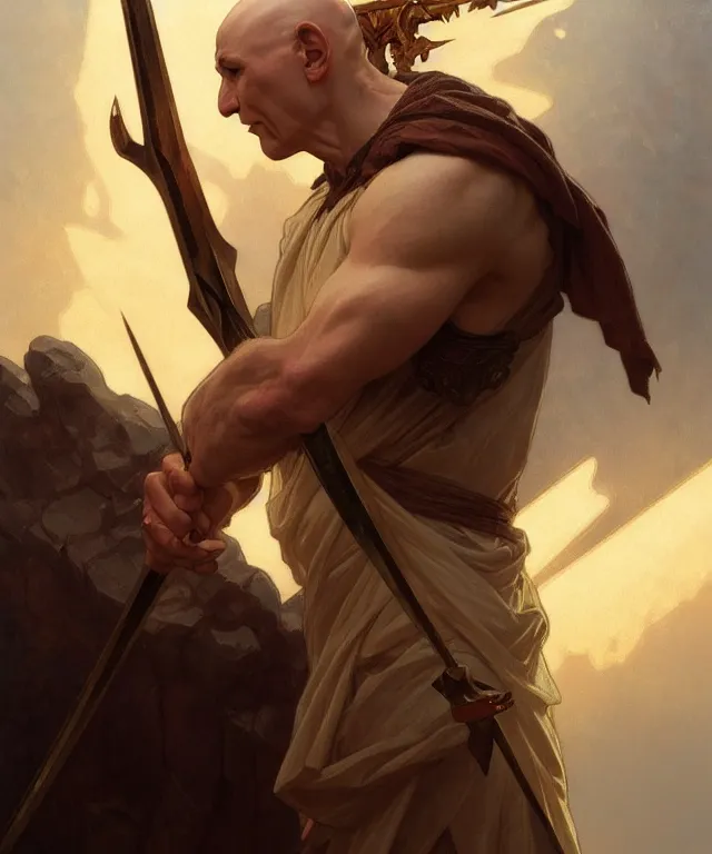 Prompt: portrait of biblical bald cain holding a lance, intricate, headshot, highly detailed, digital painting, artstation, concept art, sharp focus, cinematic lighting, illustration, art by artgerm and greg rutkowski, alphonse mucha, cgsociety