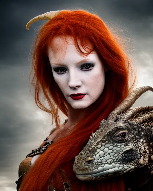 Prompt: 5 5 mm portrait photo of an armored redhead woman with goat horns and a an iguana sitting on her shoulder by luis royo. highly detailed 8 k. intricate. lifelike. soft light. nikon d 8 5 0. cinematic post - processing