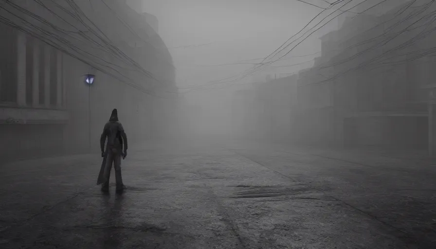 Image similar to a man standing, silent hill streets, fog, empty streets, hyperdetailed, artstation, cgsociety, 8 k