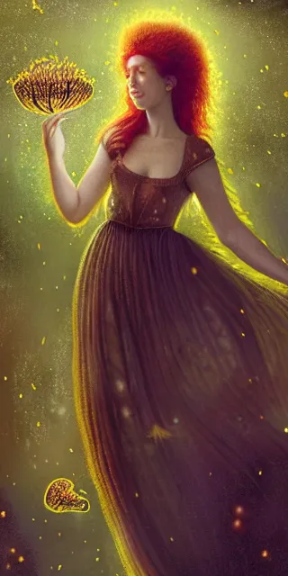 Image similar to infp young woman, smiling amazed, golden fireflies lights, full covering intricate detailed dress, amidst nature, long red hair, accurate linework, green eyes, small nose with freckles, oval shape face, realistic, expressive emotions, dramatic lights, hyper realistic ultrafine art by artemisia gentileschi, caravaggio, jessica rossier, boris vallejo