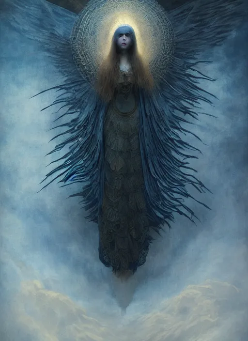 Prompt: Her huge ominous glowing blue eyes staring into my soul , perfect eyes, agostino arrivabene, WLOP, Tomasz strzalkowski, perfect face, 8k portrait render, raven angel wings, beautiful lighting, dark fantasy art, rococo, gold filigree, cgsociety