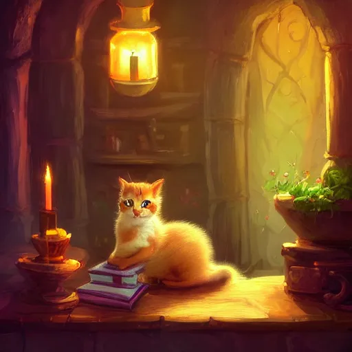 Image similar to beautiful fantasy illustration of an adorable kitten sleeping on the counter of a potion shop. candles, books. by andreas rocha and marc simonetti, trending on artstation 8k hq