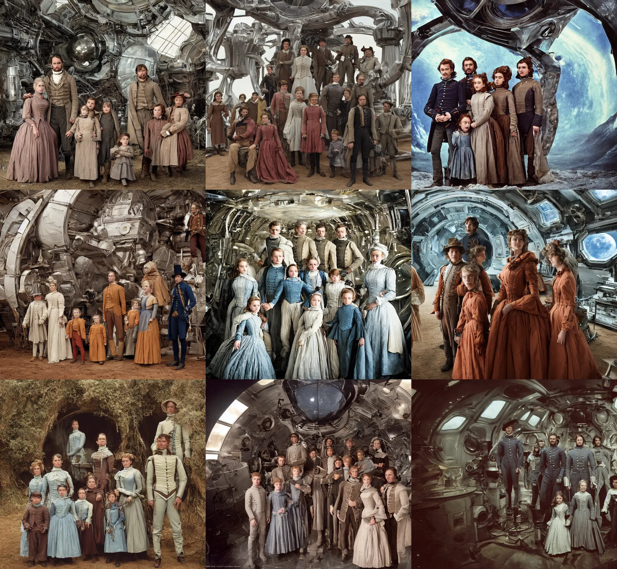 Prompt: sharp, highly detailed, 9216k film, 17500mm film still from a sci fi blockbuster color movie made in 2019, set in 1860, of a family standing in front of their spaceship, on an alien planet, all are wearing 1860s era clothes, good lighting, in focus, 350mm f/1.4L lens