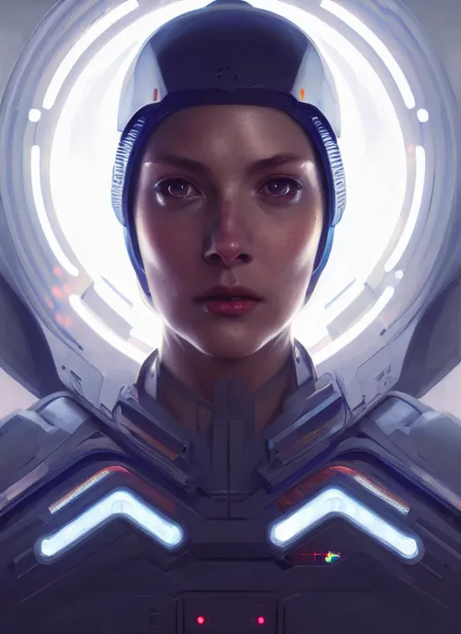 Image similar to symmetry!! portrait of space soldier, tech wear, scifi, glowing lights!! intricate elegant, highly detailed, oil painting, artstation, concept art, smooth, sharp focus, illustration, art by artgerm and greg rutkowski and alphonse mucha