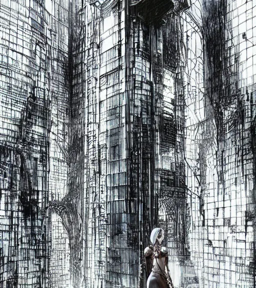 Image similar to andrei tarkovsky cyberpunk greatest scene, ancient tower of babylon, woman in transparent cyber clothing, hyperrealistic, blame, manga style, drawing by tsutomu nihei, cyber world, ambient lighting, concept art, hyper - detailed, smooth, masterpiece, epic, ray tracing, cinematic, high quality