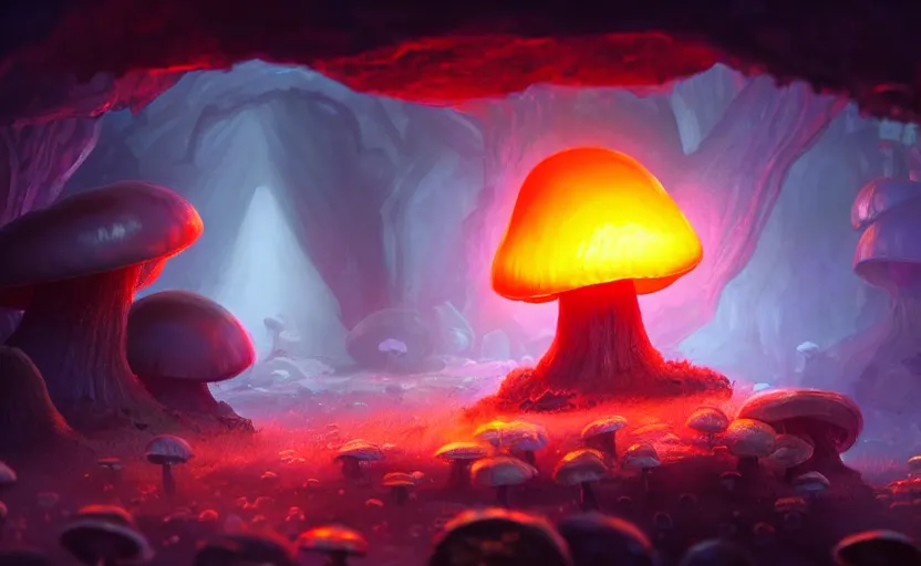 Image similar to a blurry ambient glowing mushroom in the distance of a giant cave, crystals, dynamic lighting, ambient lighting, atmospherical, photorealistic fantasy concept art, trending on art station, stunning visuals, creative, cinematic, ultra detailed