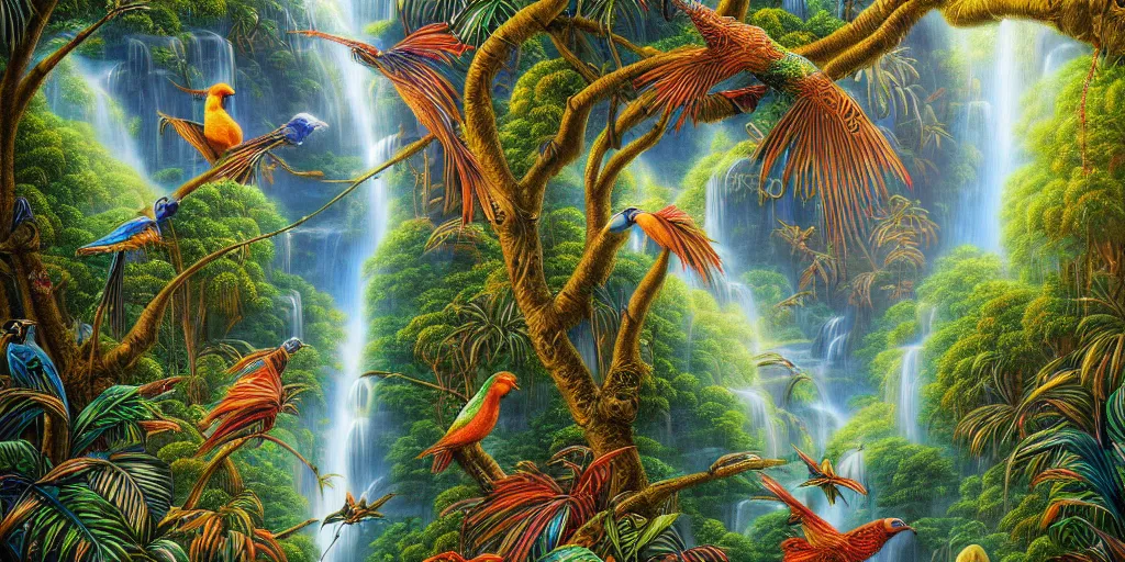 Prompt: visionary art, tropical eastern waterfall valley, with great birds, rich geometry, precise and incredibly highly detailed intricate 8 k wallpaper, john stephens, intricate stunning award winning masterpiece trending on artstation