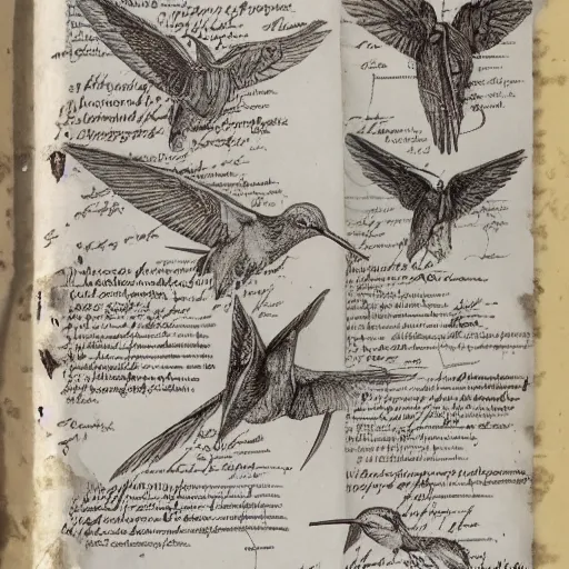 Image similar to full page scan of 1400s detailed hummingbird concept art, architectural section, plan drawing, page, paper, parchment, papyrus, fantasy, horror, occult, diagram, informative texts, graphs, notes, scribbles, human thigh anatomy anatomical, blur