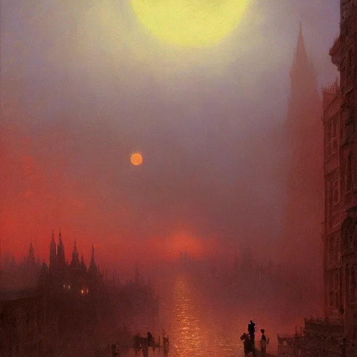 Image similar to a beautiful oil painting of a victorian gothic city, illuminated by a red moon at night by ivan aivazovsky and greg rutkowski and james gurney and frank lloyd and sung choi and monet, in style of impressionnisme. hyper detailed, sharp focus, soft light. unreal engine 5 lumen. ray tracing. trending on artstation. oil on canvas