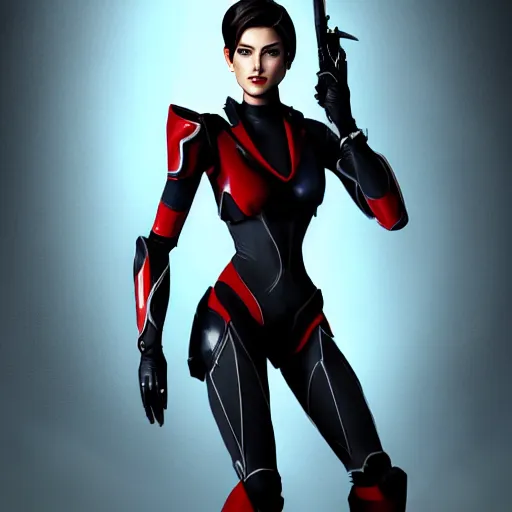 Image similar to A combination of Ada Wong's and Grace Kelly's and Ashley Greene's appearances wearing Interceptor's armor from Anthem, high tech, action shot, angular, full body portrait, futuristic, dramatic, fantasy, intricate, elegant, highly detailed, digital painting, artstation, concept art, matte, sharp focus, illustration, 8K, art by Donato Giancola and James Gurney