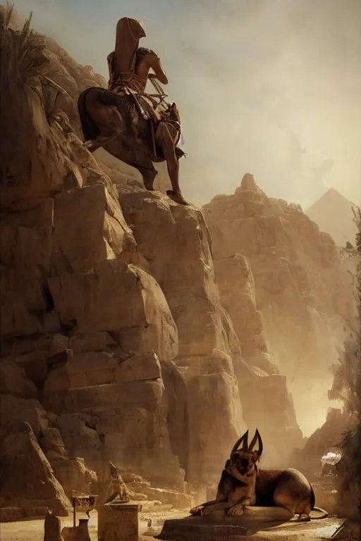 Image similar to beautiful landscape oil matte painting, of ancient egypt giant satue of anubis, art by anders zorn, wonderful masterpiece by greg rutkowski, beautiful cinematic light, thomas lawrence, greg rutkowski