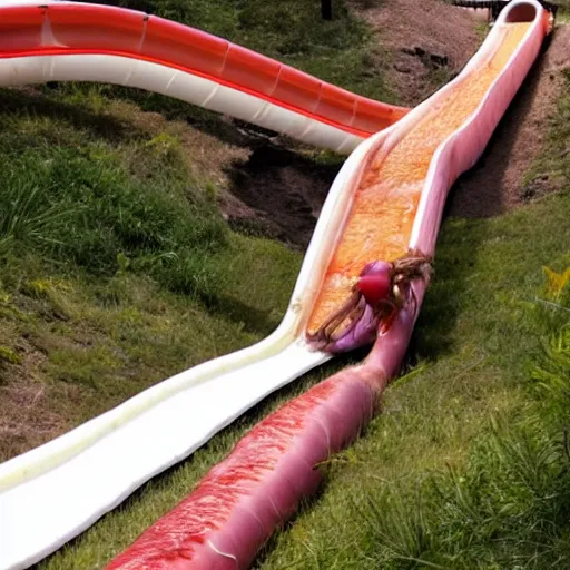 Prompt: raw chicken meat sliding down a waterslide