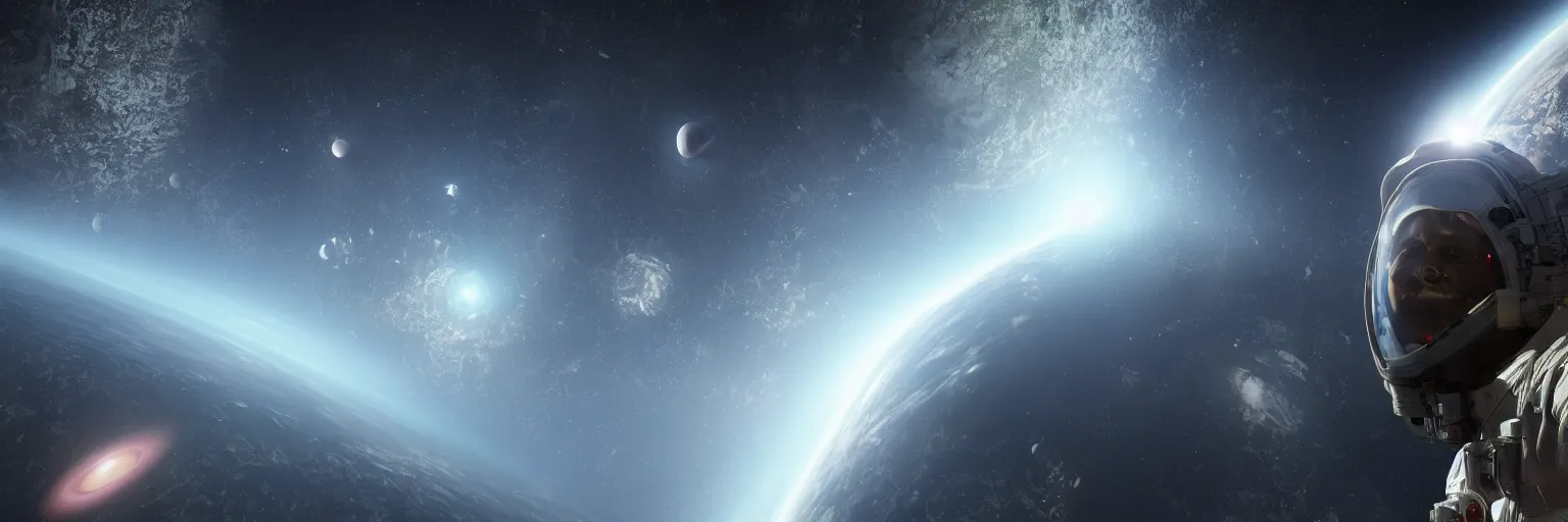 Image similar to a highly detailed digital realistic photo of a human looking at the seventh planet from space, universe, invasion time on planet earth, digital art, cinematic, satellite imagery, 8 k, super - resolution, by akihito yoshida, unreal engine