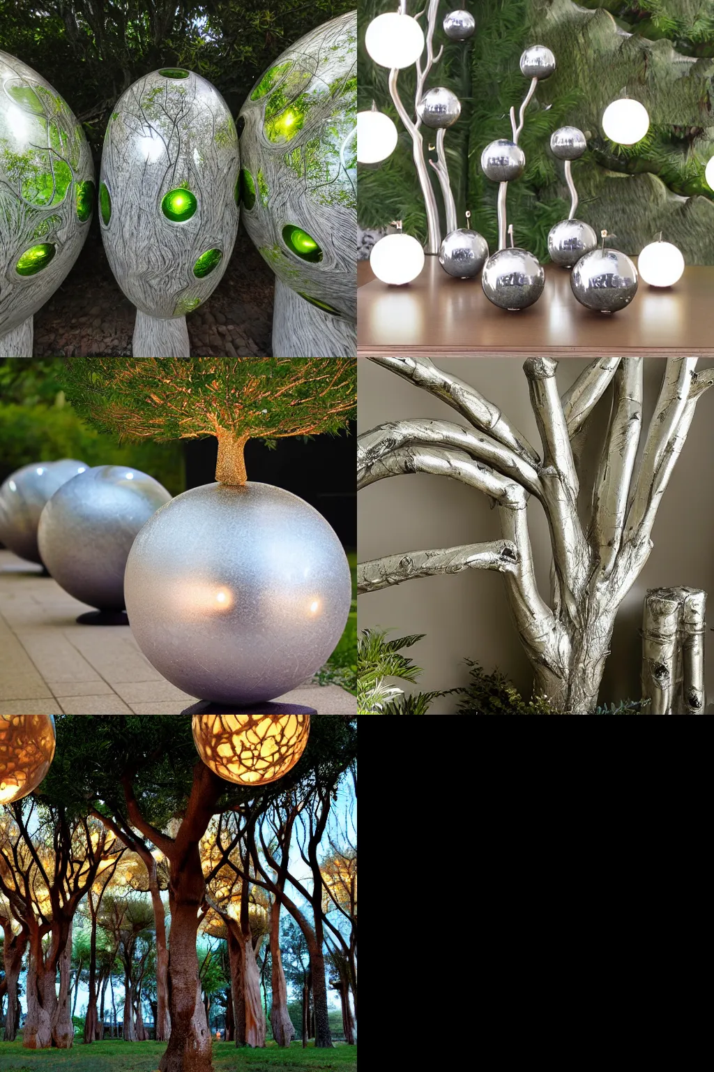 Prompt: silver tree trunks with globe glowing spheres of ambar