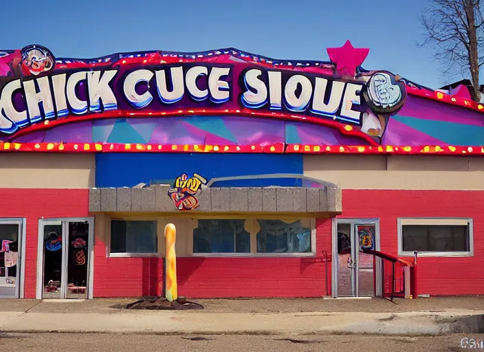 Prompt: the outside of the building for a circus themed Chuck E. Cheese’s play place. It’s permanently shut down, abandoned, Wisconsin, out of business Chuck E. Cheese building, got shut down because the mascot scared kids