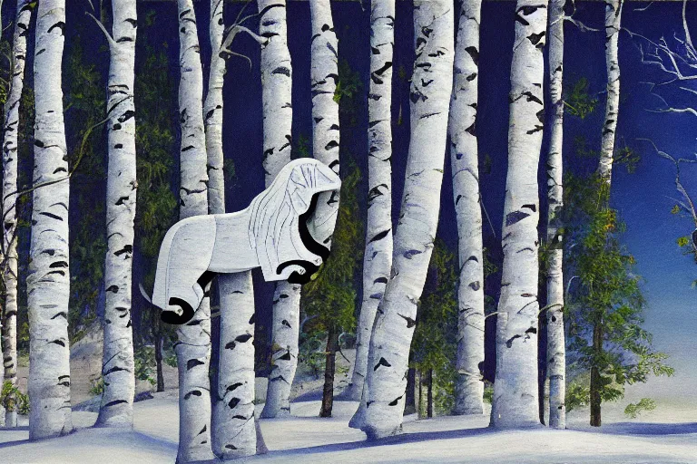 Prompt: White Sphinx and birch trees, game art matt painting