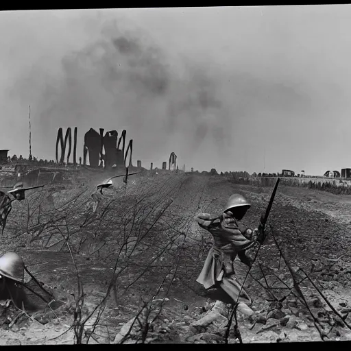 Image similar to martian invasion, world war 1, black and white photograph
