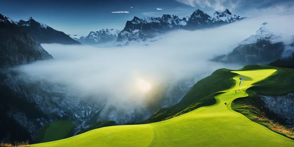 Image similar to a great photograph of the most amazing golf hole in the world, perfect light, over a cliff, in the swiss alps, high above treeline, ambient light, 5 0 mm, golf digest, top 1 0 0, fog