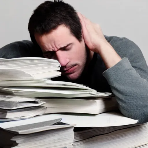 Image similar to exhausted man surrounded by stacks of papers and books, stock photo