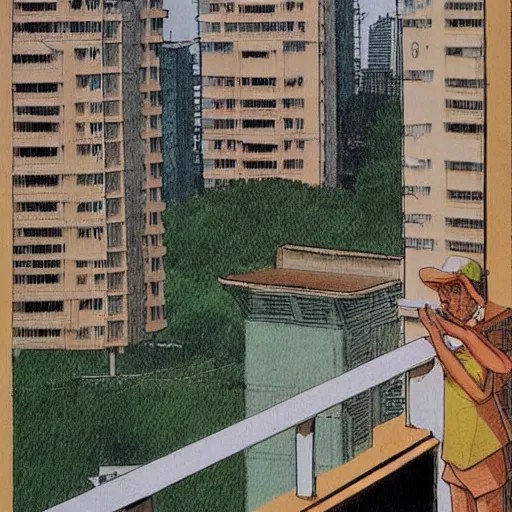 Image similar to art of two singapore students on the roof of a hdb flat, watching the neighbourhood, by moebius