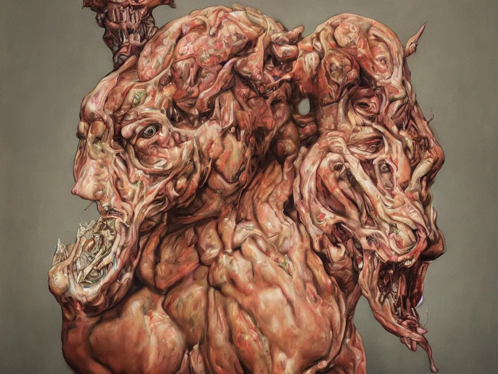 Prompt: a perfect hyperrealist painting of a human horse hybrid chimera with tumours all over its bloated swollen blasphemous body. screaming and panic. fine art, gallery lighting, solemn, and exquisite