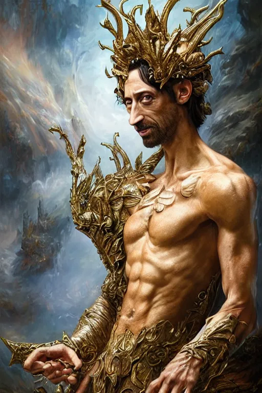 Image similar to closeup portrait shot of adrien brody as king oberon, fairy wings, lord of beasts, highly detailed, digital painting, artstation, concept art, soft focus, depth of field, artgerm, tomasz alen kopera, peter mohrbacher, donato giancola, wlop, boris vallejo