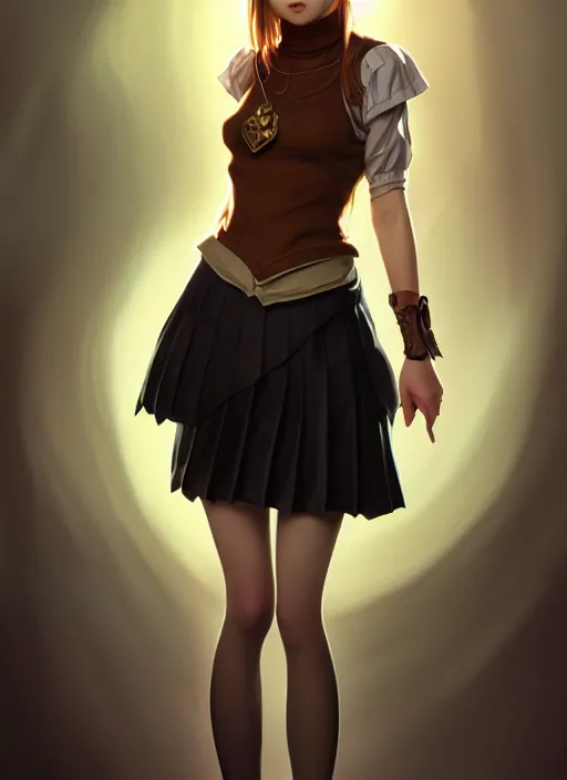 Image similar to portrait of a full body of beautiful young female detective, d & d, sleeveless turtleneck, pleated skirt, fantasy, flat lighting, intricate, highly detailed, digital painting, artstation, concept art, smooth, sharp focus, illustration, misa amane, art by simon bisley and greg rutkowski and alphonse mucha, natural tpose