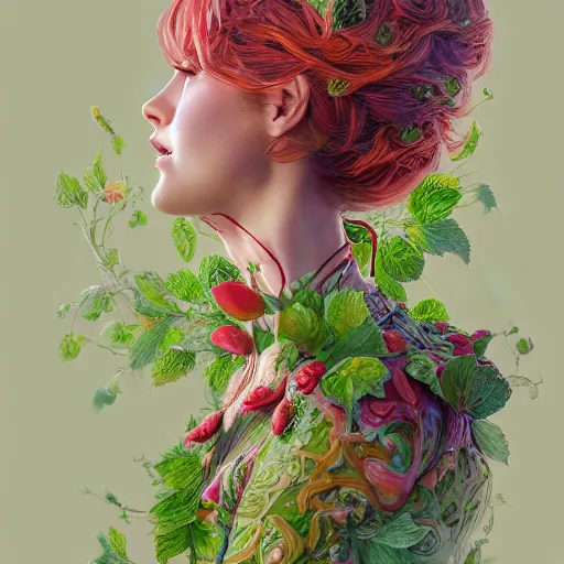 Image similar to the portrait of an absurdly beautiful, graceful, elegant, young woman made of strawberries and green petals, an ultrafine hyperdetailed illustration by kim jung gi, irakli nadar, intricate linework, bright colors, octopath traveler, final fantasy, angular, unreal engine 5 highly rendered, global illumination, radiant light, detailed and intricate environment