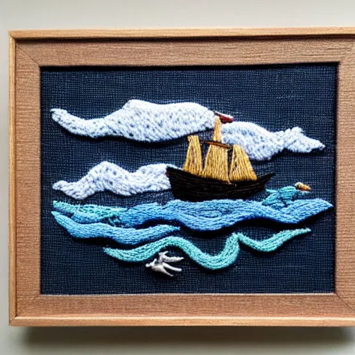 Image similar to a tiny beautiful handmade embroidery of a pirate ship sinking into a stormy ocean. hand embroidery.