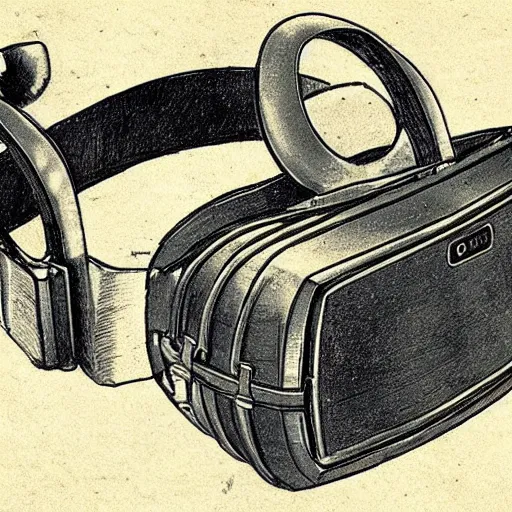 Image similar to Vintage, detailed, sketch of Oculus Rift, with full descriptions, on parchment, as depicted in Leonardo da Vinci's Codex Atlanticus