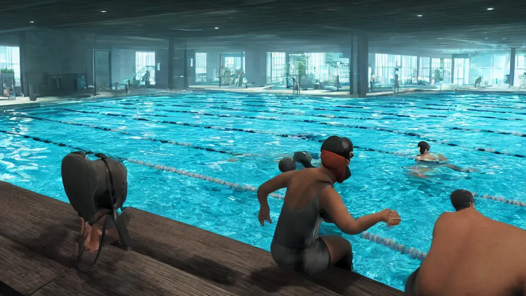 Prompt: Screenshot from Watchdogs at an indoor swimming pool