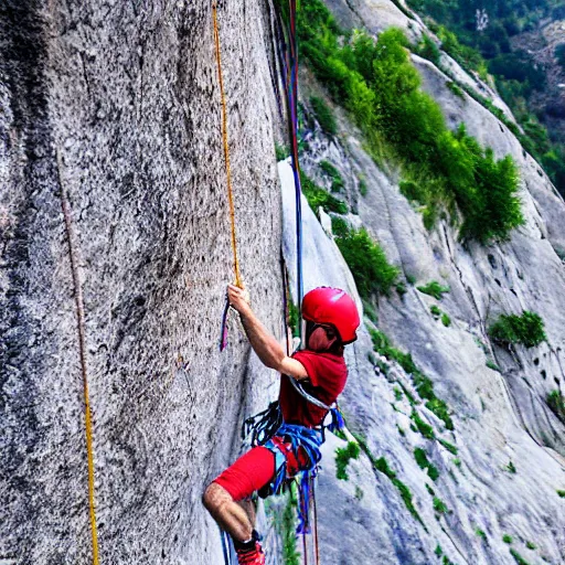 Prompt: rock climbing a multi pitch route, named csipkes in turda gorge romania, realistic photo made by the lead climber while the other is climbing