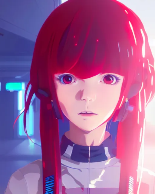 Prompt: portrait of cute cyberpunk young girl with vibrant red hair, anime key visual, by ilya kuvshinov and wlop and makoto shinkai and studio ghibli