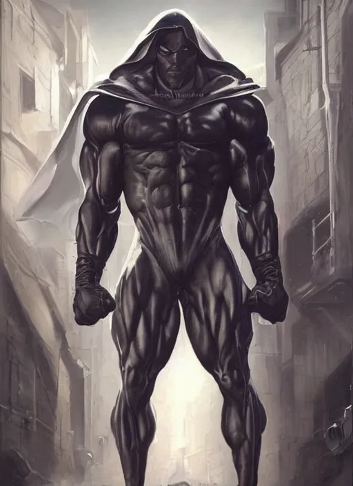 Prompt: wide shot low angle hyper realist detailed elegant renaissance portrait painting of slim handsome bodybuilder vigilante edgy cool superhero!!, full figure!!!, coming out of the shadows in a dark alley by artgerm and greg rutkowski, sharp focus, unreal engine 5