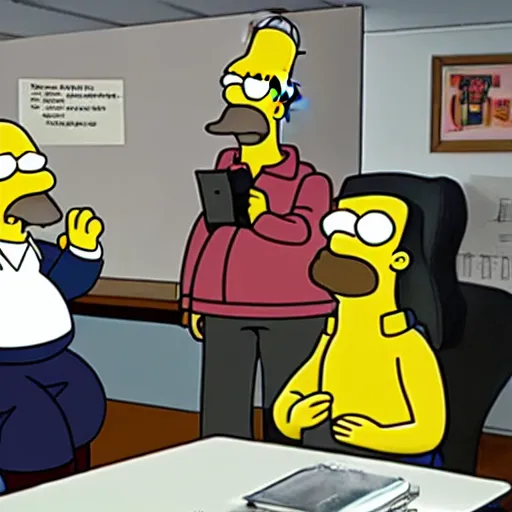 Prompt: homer simpson joins a meeting in the writers room of the simpsons
