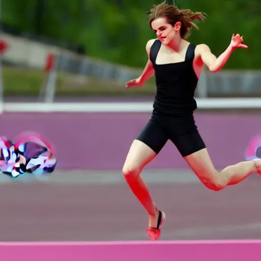 Prompt: emma watson doing long jump at the olympics