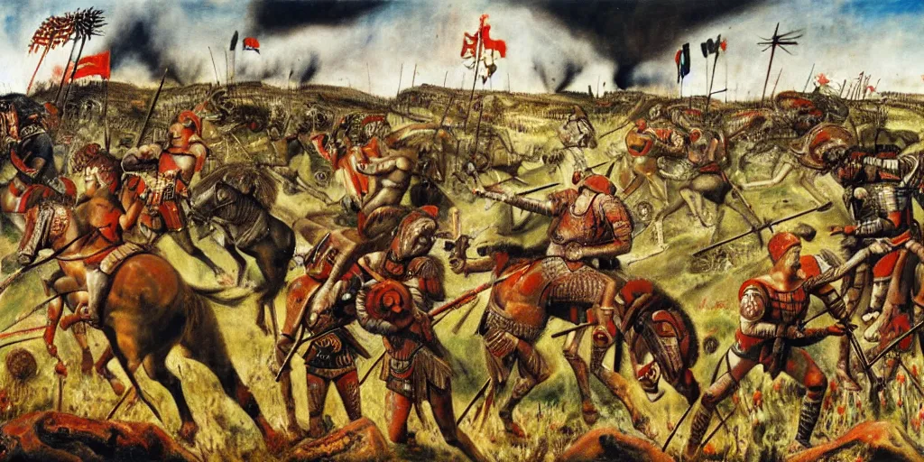 Prompt: scene from ancient battlefield, painting by otto dix, 8 k