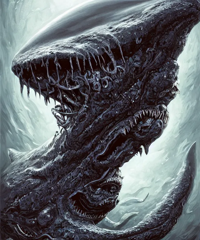 Image similar to hziulquoigmnzhah, head dangling underneath body!!!!, gigantics shark mouth, spherical body, elongated arms, short legs, lovecraftian horror!, surrealism, fantasy, intricate, elegant, highly detailed, digital painting, artstation, concept art, matte, sharp focus, illustration, art by keith thompson and christopher lane